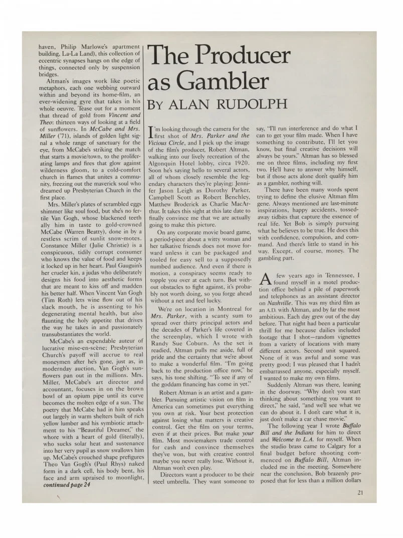 The Producer as Gambler Alan Rudolph 1